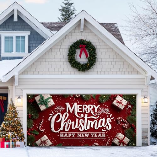 HOMETITUTE Christmas Garage Door Cover 13x6ft Merry Christmas Happy New Year Lettering Holiday Banner Red Green Gift Boxes Candy Canes Winter Backdrop Seasonal Wall Display Outdoor Indoor Party - color: Garage Banner#9