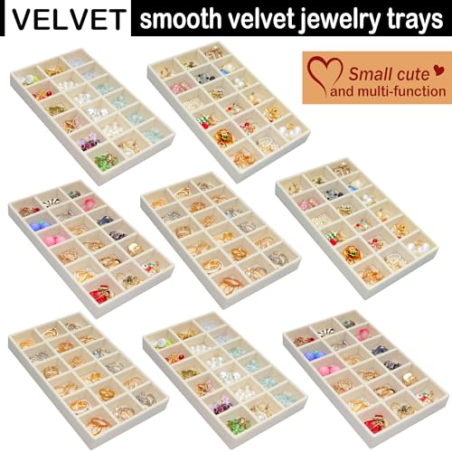 8 Pack Stackable Jewelry Organizer Tray Velvet Jewelrry Storage Drawer Insert Earring Stacking Trays for Dresser 18 Grids - color: Beige