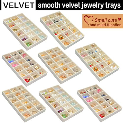 8 Pack Stackable Jewelry Organizer Tray Velvet Jewelrry Storage Drawer Insert Earring Stacking Trays for Dresser 18 Grids - color: Beige