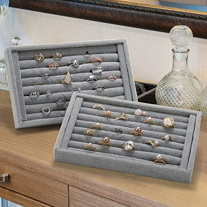 Foraineam 4 Pack Velvet 7 Slots Ring Earrings Trays Showcase Display Holder Drawer Insert Jewelry Storage Organizer