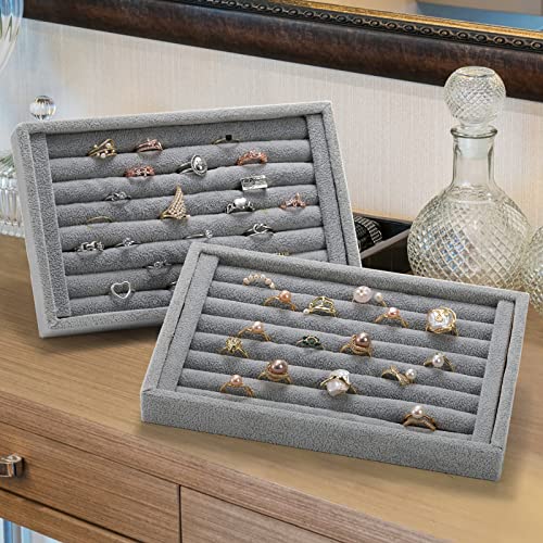 Foraineam 4 Pack Velvet 7 Slots Ring Earrings Trays Showcase Display Holder Drawer Insert Jewelry Storage Organizer