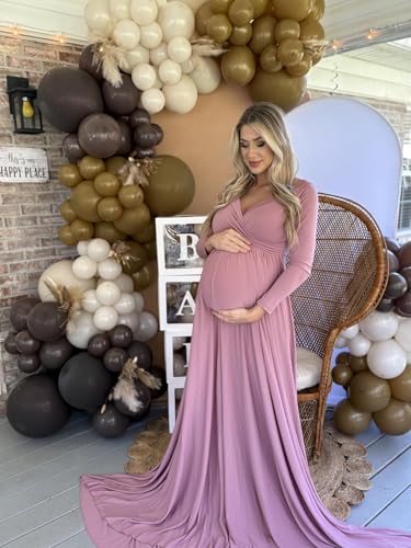 Saslax Maternity Off Shoulders Half Circle Gown for Baby Shower Photo Props Dress - color: Mauve 64, size: Small