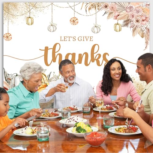 AIBIIN 7x5ft Let's Give Thanks Backdrop Happy Thanksgiving Party Background Boho Floral Pumpkins Friendsgiving Party Decorations Banner Photo Studio Props - size: 7x5ft
