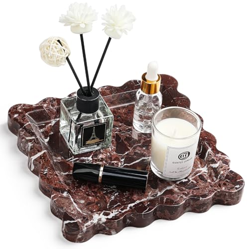 Natural Marble Vanity Tray - Moujings Genuine Marble Perfume Tray for Bathroom Decor, Stone Bathroom Vanity Organizer Tray for Kitchen Counter, Candles, Jewelry, Coffee, Makeup, Key - color: Lace Red, size: 7.9" x 7.9" x 0.8"
