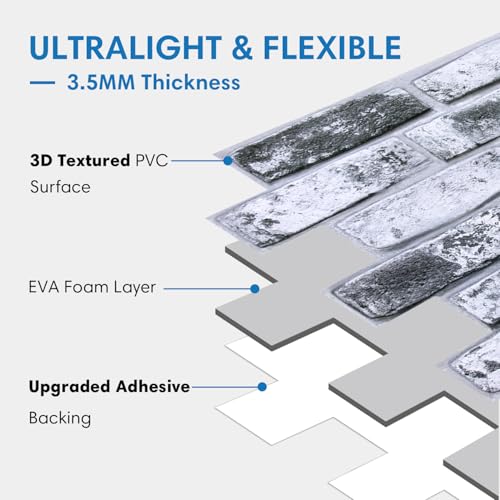 COMSTICKC 3D Gray Faux Brick Wall Panel, Peel and Stick Wall Covering, 12 Pcs of 22.8" x 11.8", Not Real Brick, UrltraLight PVC Self Adhesive Brick Decorative Tile,Paintable,Covers 22.48 sq.ft - color: Waterwash Brick