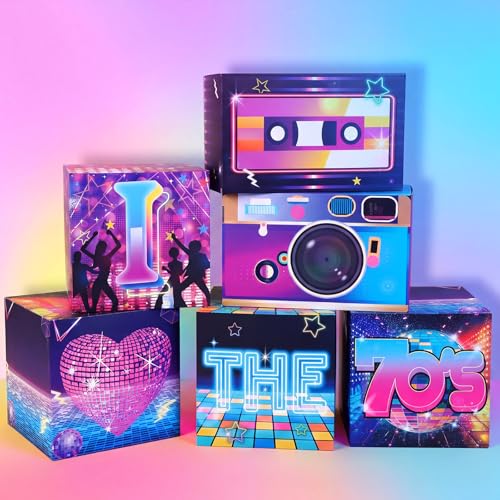 Amyhill 6 Pcs Large 70s Party Decorations Hip Hop Favor Set Paper Party Boxes Novelty Disco Theme Decoration for Retro 1970s 1980s 1990s Theme Birthday Neon Disco Music Supplies - style: 70s