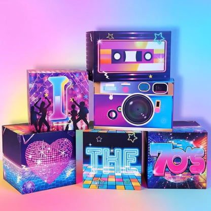 Amyhill 6 Pcs Large 70s Party Decorations Hip Hop Favor Set Paper Party Boxes Novelty Disco Theme Decoration for Retro 1970s 1980s 1990s Theme Birthday Neon Disco Music Supplies - style: 70s