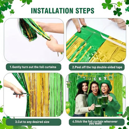 2 Pack St Patrick Party Decorations, Green Party Backdrop Green Gold Light Green Backdrop Curtains, Metallic St.Patrick Fringe Curtains Party Streamer Tinsel Backdrop, St Patrick Party Supplies - color: Green and Gold and Light Green