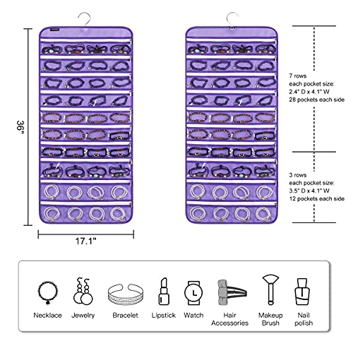 80 Zippered Pockets Hanging Jewelry Organizer for Holding Jewelries Dual-Sided Accessory Display Holder for Earrings Bracelets Rings (80 Zippered Pockets-Purple) - color: 80 Zippered Pockets-Purple