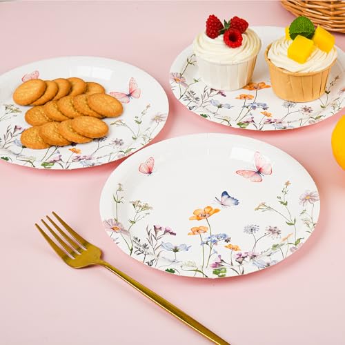 AimFun 48 Pcs Wildflower Paper Plates Watercolor Floral Disposable Party Dessert Plate 7" Rustic Botanical Butterflies Plates for Spring Summer Bridal Baby Shower Tea Party Supplies