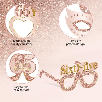 Guiruiy 24PCS 65th Birthday Eyeglasses Decorations for Women, Pink Rose Gold Happy 65th Birthday Paper Eyeglasses Party Supplies, Sixty-Five Year Old Bday Glasses Decor - style: Rose Gold 65th