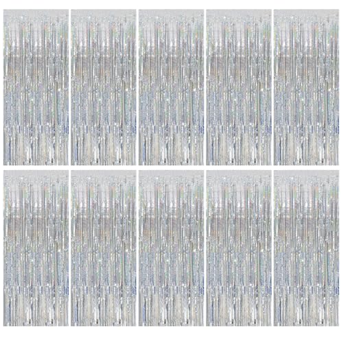 Tinsel Curtain Party Backdrop Silver Birthday Party Decorations 10 Packs Glitter Foil Fringe Curtain Party Decor Streamers Photo Booth for Birthday Christmas Wedding Halloween Graduation Decorations - color: Silver, size: 10 Pack