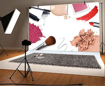 AOFOTO 6x4ft Fashion Makeup Set Backdrop Trendy Girl Beauty Photography Background Cosmetics Blogger Live Video Banner Powder Brush Lipstick Eyeshadow Skincare Tools Photo Studio Props Vinyl Wallpaper - size: 6x4ft