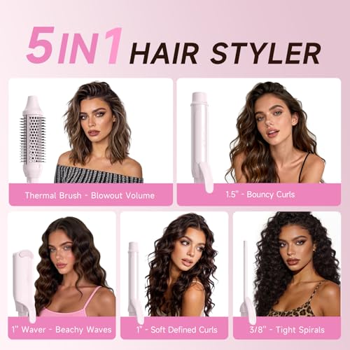 TSUYAGLA 5 in 1 Curling Iron Set with Airflow Cooling for Long-Lasting Curls, Ionic Ceramic Hair Curler with 3/8", 1", 1.5" Barrels, Crimper & Thermal Brush, Dual Voltage, 250–410℉