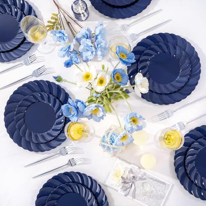 U-QE 60 Pcs Blue Plastic Plates for Party – Scalloped Blue Plates Disposable Heavy Duty – Include 30 10.25" Dinner & 30 7.25" Dessert Plate - Perfect for Parties, Weddings - color: Blue