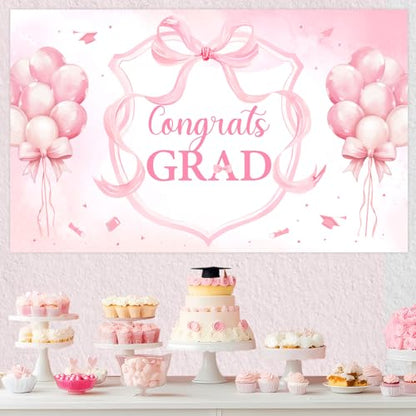 Congrats Grad Decorations Backdrop Banner Pink 5.9×3.6 ft, Bow Graduation Decorations Backdrop Background Photo Booth Prop Vinyl for Girl Class of 2026 Congrats Grad Congratulations Party - size: 5.9*3.6ft