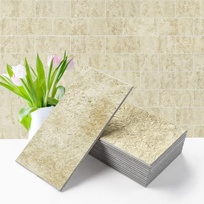 Vamos Tile 100-Piece Peel and Stick Backsplash Seamless Tile,3''x6'' Textured Beige Travertine with White Grout PVC Subway Tile,Stick on Backsplash for Kitchen/Bathroom/Laundry Room - color: Beige Travertine