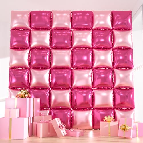 36pcs Hot Pink Square Foil Balloons Wall Backdrop, Double Sided Magenta Mylar Balloons Tunnel for Anniversary Bachelorette Wedding Proposal Birthday Valentines Day Pink Party Decorations - color: Hot Pink & Baby Pink