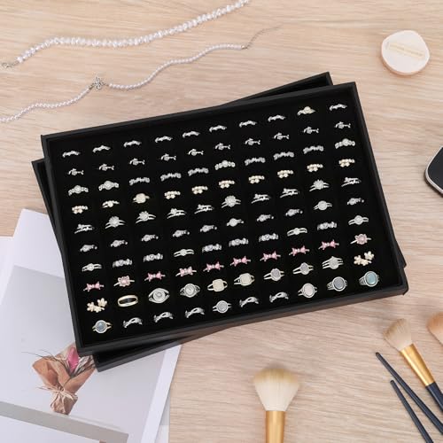 4 Pack Velvet Ring Display Tray 100 Slots Stackable Jewelry Organizer Tray Ring Holder Showcase for Rings Earrings Jewelry Storage for Drawer Dresser Store Display