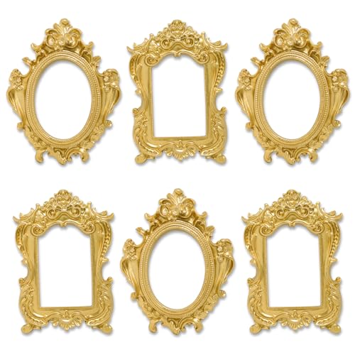 6 Pcs Mini Gold Frames, Small Vintage Picture Frames Antique Resin Photo Frame for DIY Craft Galley Wall Hanging Jewelry Display Shooting Photo Props Christmas Decor (Without Backings) - color: Gold, style: Style 2