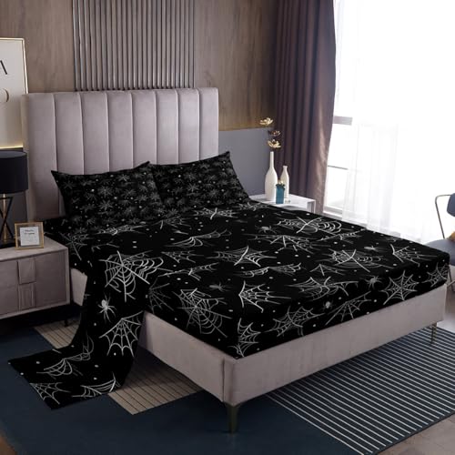 Feelyou Happy Halloween Bed Sheets Set Full Size Black Gray Cobweb Deep Pocket Fitted Sheet Spider Bedding Sets Soft Bed Set 4Pcs with 2 Pillow Cases - color: Black and Gray, size: Full