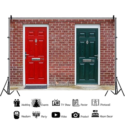 Renaiss 6x4ft Red & Green Door Backdrop for Photoshooting Vintage Doors on Red Brick Wall Photography Background Retro Bricks Front Doors Party Decors Portrait Street Snap Photo Booth Props - size: 6x4ft