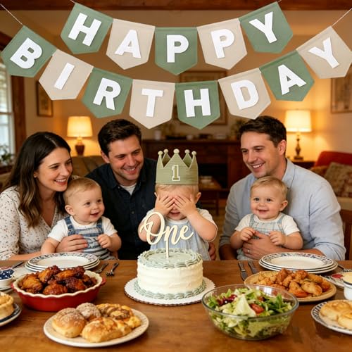 Sage Green 1st Birthday High Chair Decorations- First Birthday Banner Wild One Highchair banner 1st birthday boy with Tassels, Crown & One Cake Topper, Boho 1st Birthday Party Supplies photo props - color: Green