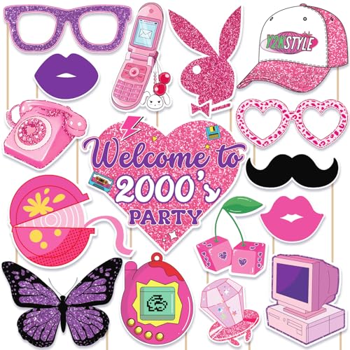 Y2K & 2000s Party Decorations Photo Booth Props Kit, Pink & Purple, Cardboard & Bamboo, 16 Themed Props, Y2K & 2000s Birthday Party Favors & Supplies