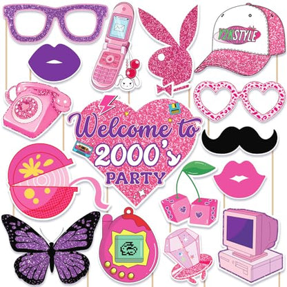 Y2K & 2000s Party Decorations Photo Booth Props Kit, Pink & Purple, Cardboard & Bamboo, 16 Themed Props, Y2K & 2000s Birthday Party Favors & Supplies