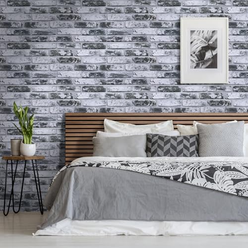 COMSTICKC 3D Gray Faux Brick Wall Panel, Peel and Stick Wall Covering, 12 Pcs of 22.8" x 11.8", Not Real Brick, UrltraLight PVC Self Adhesive Brick Decorative Tile,Paintable,Covers 22.48 sq.ft - color: Waterwash Brick