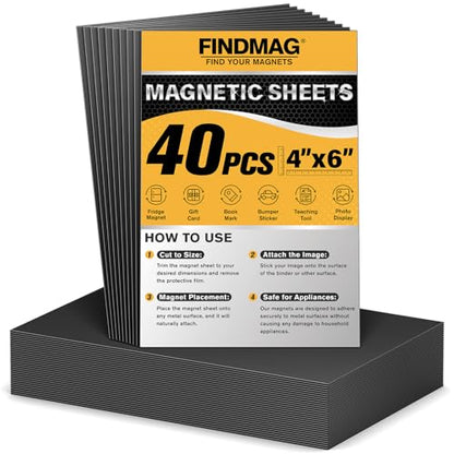FINDMAG Magnetic Adhesive Sheets, 40PCS Magnetic Tape, Flexible Magnet with Adhesive Backing, Magnet Sheet Stickers for Crafts, Board, Photos, 4" x 6" - size: 4" x 6", style: 40p