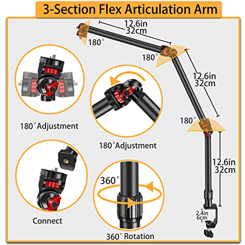 Overhead Camera Mount Desk Stand, 3-Section Flexible Detachable Articulating Arm with 1/4“ 3/8" 5/8" Screw&360° Ball Head, C-clamp Tabletop Mount for DSLR Camera/Webcam/Microphone/Lights