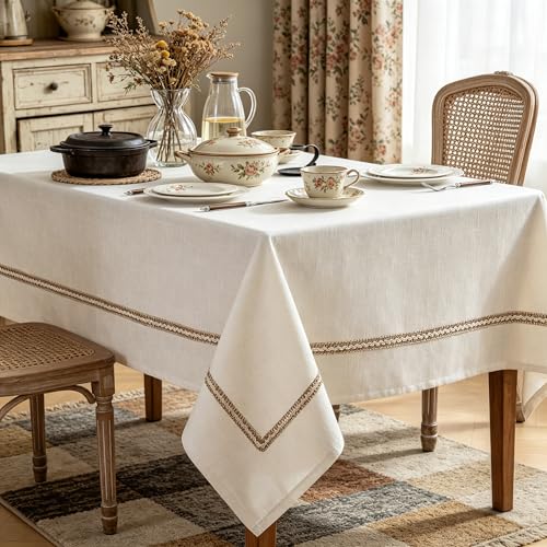 Farmhouse Tablecloth with Decorative Woven Stripe, Spill & Wrinkle Resistant Table Cloth Rectangle Table, Linen Tablecloths Textured Fabric for Dining,Kitchen,Everyday & Holiday Decor,60x75 - size: 75" x 60" (Rectangular)