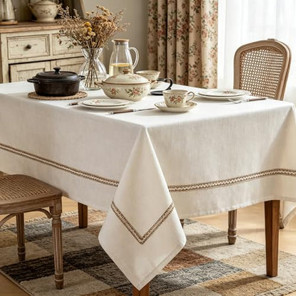 Linen Tablecloth with Decorative Woven Stripe, Spill & Wrinkle Resistant Table Cloth Rectangle Table, Farmhouse Tablecloths Textured Fabric for Dining,Kitchen,Everyday & Holiday Decor,60x84 - size: 84" x 60" (Rectangular)
