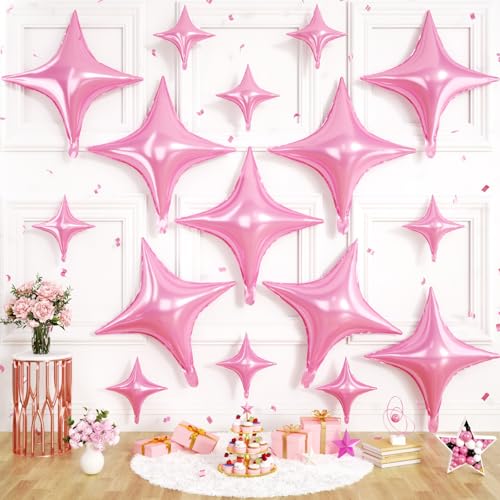 Pink Star Balloons, 16 PCS Four Angle Star Foil Balloons, 26 Inch and 10 Inch Pink Stars Shaped Balloon for Graduation Birthday Baby Shower Anniversary Valentine's Day Engagement Party Decorations - color: Pink