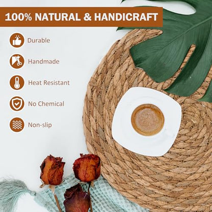GENMOUS Woven Placemats Set of 6, 13" Round Placemats Natural Water Hyacinth Boho Placemats, Farmhouse Rattan Chargers for Dinner Plates,Rustic Braided Wicker Table Mats for Dining Table,Home,Wedding - size: 13inch, Set of 6