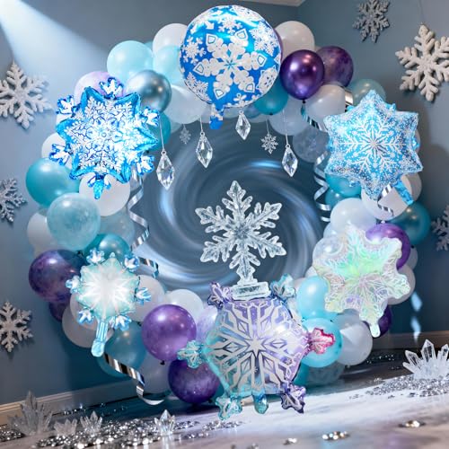 Biapian Snowflakes Balloons Set, Large Snowflake Shaped Foil Balloon, Blue Purple Silver Iridescent Snow Balloons for Ice Snow Princess Themed Birthday Party Decorations Winter New Year Decorations - style: Snowflake