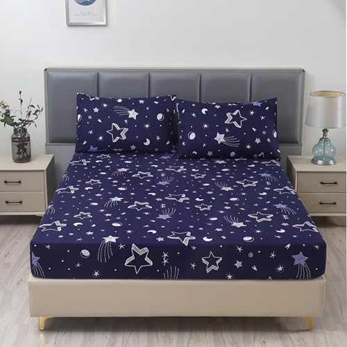 MAG 3pcs Purple Star Full Bed Sheet,Galaxy Microfiber Bedding Sheet Set,Space Bedding Set with1 Fitted and 2 Pillowcases,14 Inches Deep (Purple and White,Full) - color: Star, size: Full