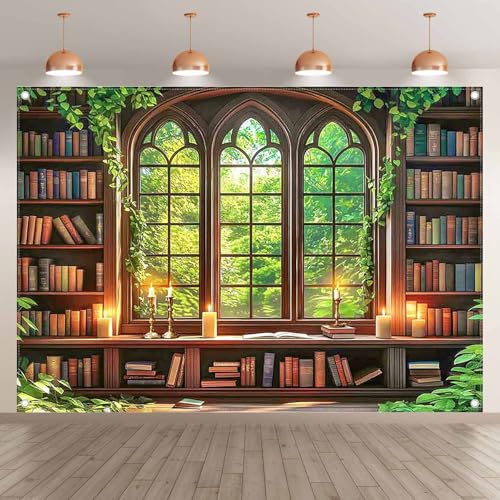 7x5ft Fabric Vintage Wooden Bookshelf Backdrop Retro Library Window Green Forest Candle Photography Background Indoor School Decorations Photo Booth Props - size: 7'x5'