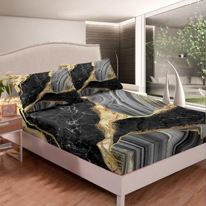 Black Marble Sheet Set Gold Metallic Marble Design Sheets with Deep Pocket Fitted Sheet Abstract Marble Texture Bed Sheets Set Grey Gold Bedding Set Golden Streaks 4Pcs with 2 Pillow Case Full Size - color: Multi Aa01, size: Full