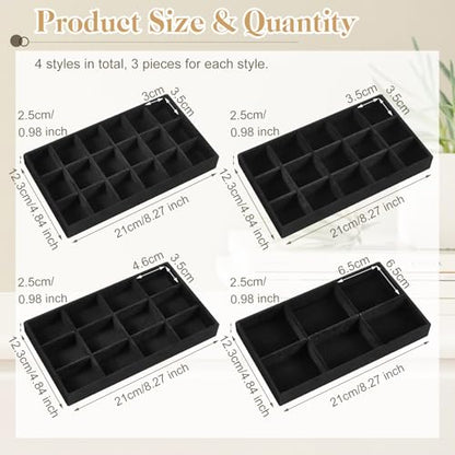 Junkin 12 Pcs Jewelry Tray Velvet Stackable Jewelry Organizer Trays Divided Earring Accessories Storage Containers Box (Rose Red) - color: Black