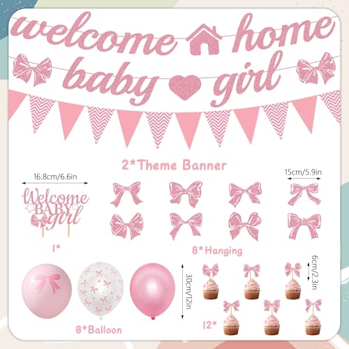 Welcome Home Baby Girl Decorations - 42 Pcs Pink Bow Baby Shower Decoration Banners Hanging Swirls Large Cake Topper Cupcakes Triangle Flag Balloons for Girls Baby Party Photo Props Decor Supplies