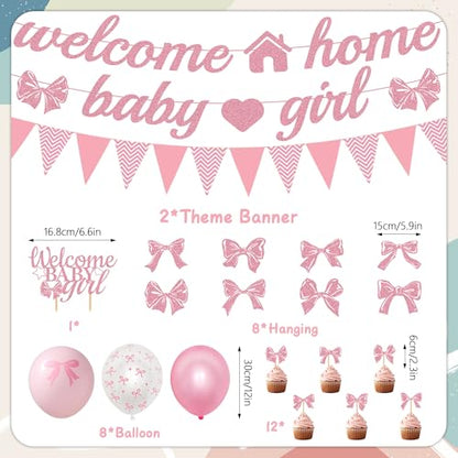 Welcome Home Baby Girl Decorations - 42 Pcs Pink Bow Baby Shower Decoration Banners Hanging Swirls Large Cake Topper Cupcakes Triangle Flag Balloons for Girls Baby Party Photo Props Decor Supplies