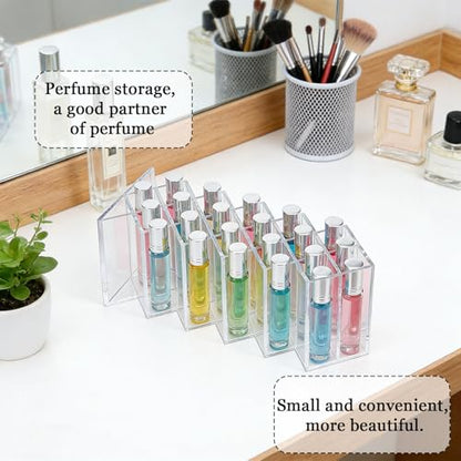 16-Slot Rollerball Perfume Organizer, Clear Acrylic Perfume Holder – Rollerball & Lipsticks Display Stand for Vanity, Countertop & Drawer – Beauty Storage with Anti-Tumble Design