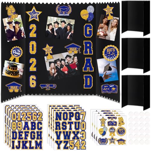 AmazingSpark 4 Sets 24 x 16 Trifold Poster Board for Graduation Photo Display Board with 12 Grad Themed Stickers for 2026 Presentation Party Decor Event Collage Frame Supplies(Blue Gold) - color: Blue Gold, size: 24 x 16"