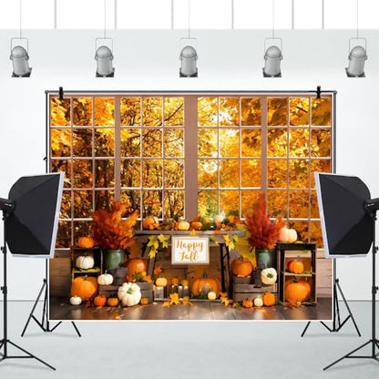 Fall Thanksgiving Backdrop for Photography 10x8ft Autumn Forest Window Pumpkin Harvest Maple Leaves Photo Backdrop Thanksgiving Friendsgiving Party Decor Kids Adult Portrait Photo Booth Props