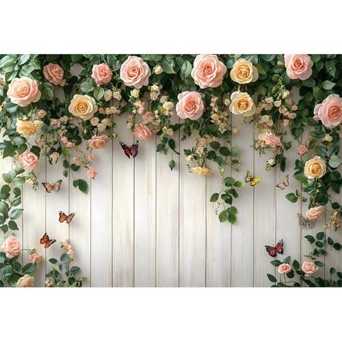 5x3ft Wooden Flower Backdrops for Photography Spring Botanical Green Leaves Butterfly Farmhouse Background for Engagement Bridal Shower Baby Shower Birthday Wedding Party Decoration Supplies - color: pink and white-1, size: 5x3ft