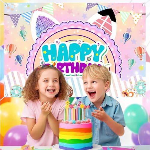 5x3ft Cute Cartoon Cat Theme Backdrop Cartoon Photography Background Kids Boys Girls Birthday Party Decorations Photo Booth Banner Props - color: Purple-Cat