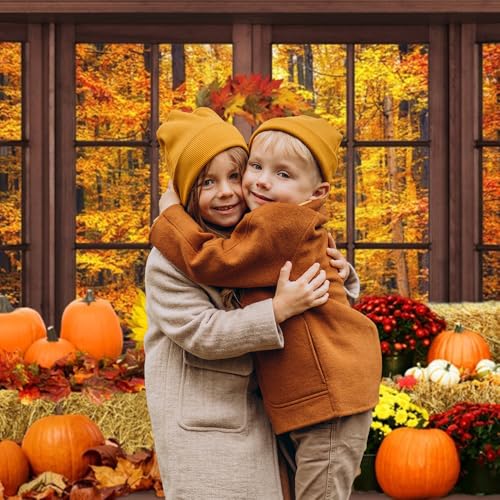 Leowefowa 12x10ft Vinyl Fall Window Backdrop Autumn Forest Pumpkin Photography Background Thanksgiving Party Decorations Baby Shower Birthday Party Background Photo Booth Props - size: 12x10ft