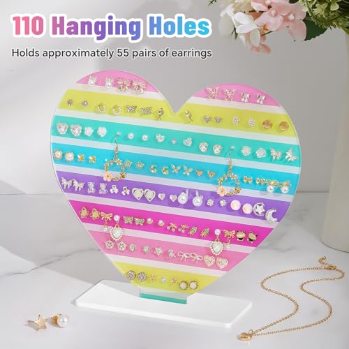 NiHome Heart-Shaped Acrylic Earring Holder Stand for Studs & Dangles, Romantic Jewelry Organizer for Vanity Dresser or Boutique Decorative Display Holds Up to 55 Pairs with 110 Holes (Macaron Stripes) - color: Macaron Stripes